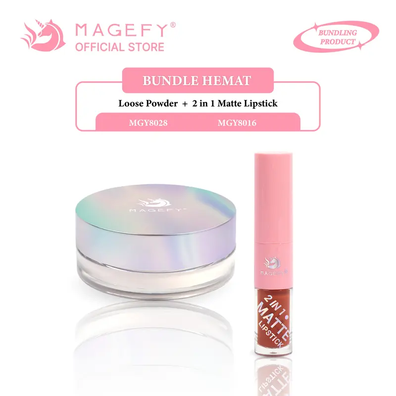 【CUCI GUDANG】MAGEFY Best Deal Hemat Oil Control Loose Powder + 2 in 1 Lipstick 8028+8016 0