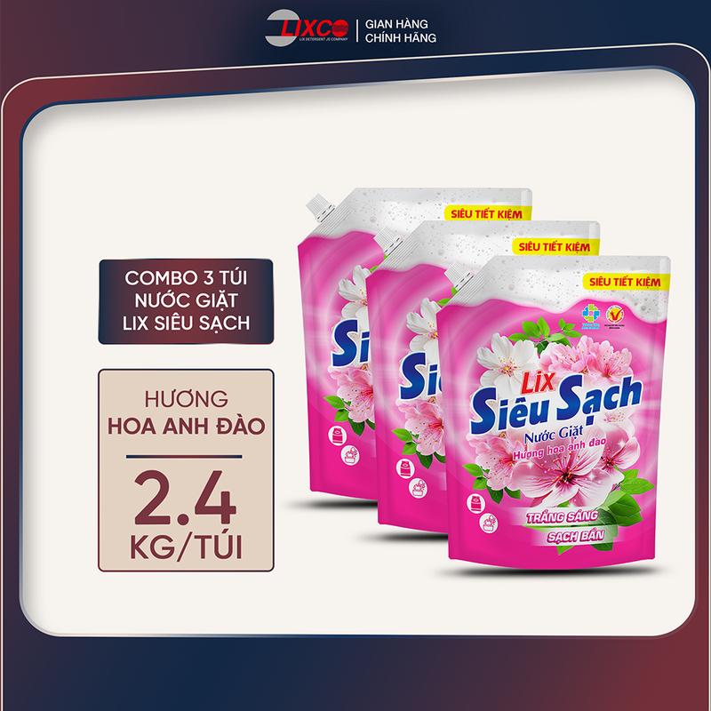Combo 3 Túi Nước giặt Lix đậm đặc hương hoa anh đào 2.4Kg túi cho máy giặt cửa trên 3C-N2503