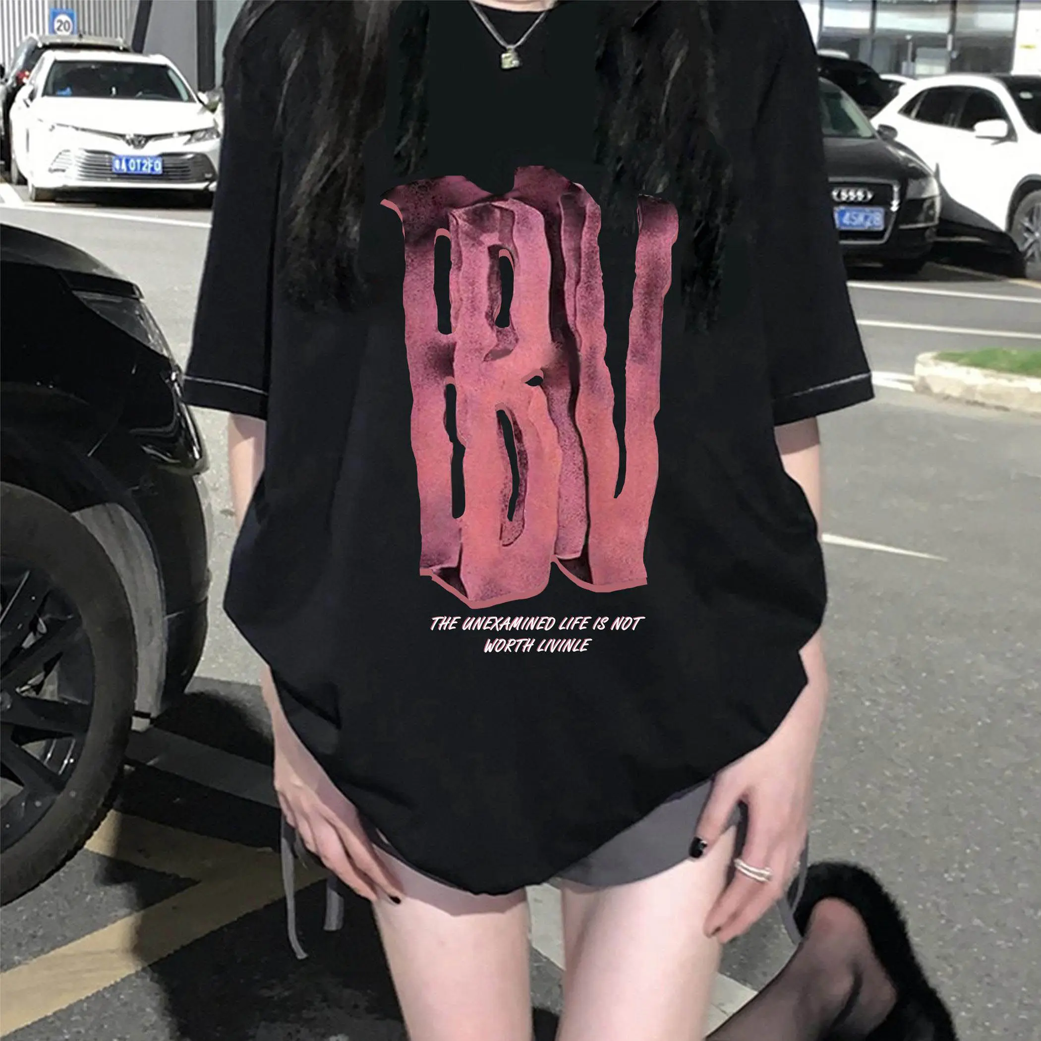"Kaos Wanita Katun combed BBV Lengan Pendek - Atasan Korean Style, Baju Streetwear Musim Panas Kekinian"