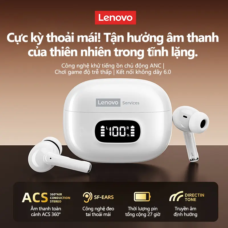 Lenovo Tai Nghe Bluetooth LE207 Phiên Bản 6.0 | AI Dịch 135 Ngôn Ngữ + Âm Thanh Dolby 360° | ANC Giảm Tiếng Ồn | Chế Độ Game Thấp Trễ | Màn Hình Pin LED | Thời Lượng Pin Dài 27 Giờ | BigBuy360 - bigbuy360.vn