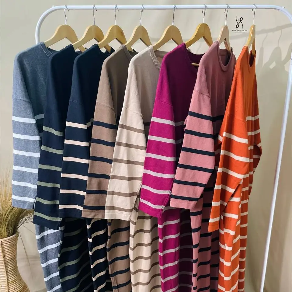 Helena Ironless Long Dress Material Knitwear Stripe - Hss Muslimah