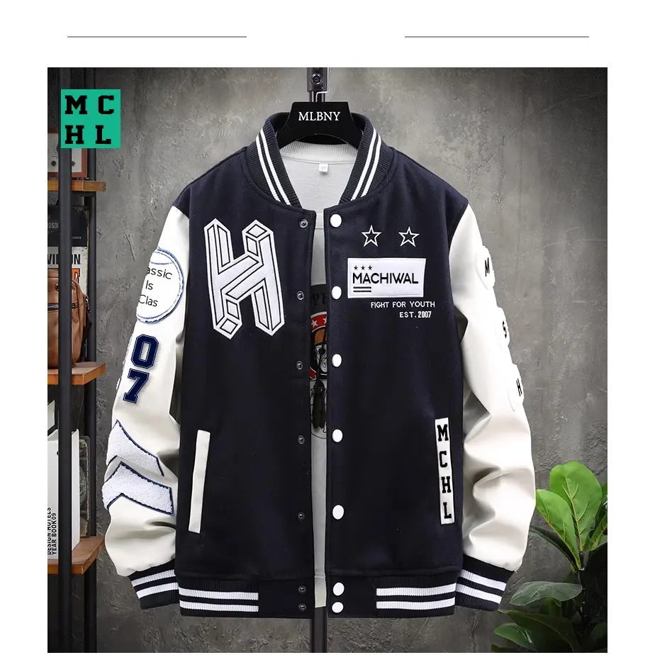 Jaket Varsity Vintage Baseball Pria Wanita Tangan Panjang Tebal Full Bordir MCHL Bomber Casual Hitam Distro Cowok