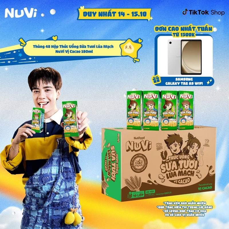 Thùng 48 Hộp Thức Uống Sữa Tươi Lúa Mạch NuVi Vị Cacao 180ml