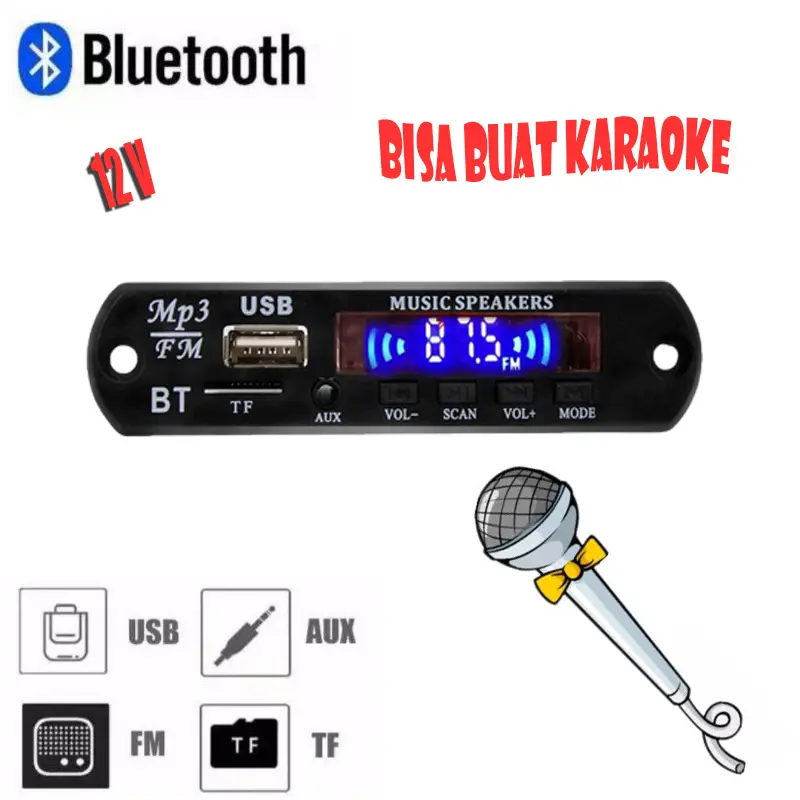Mp3 Kit Modul Bluetooth versi 5.0 USB AUX Fm Ridio plus karaoke 12V high quality