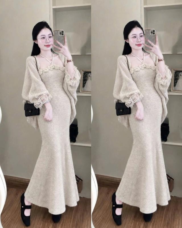 [Mở Bán Mã Hot]_ V136_ Set Váy Len Lông Thỏ Ôm Body Đính Hoa Kèm Khoác Ngoài Trẻ Trung Sang Chảnh _ Yuri.studio