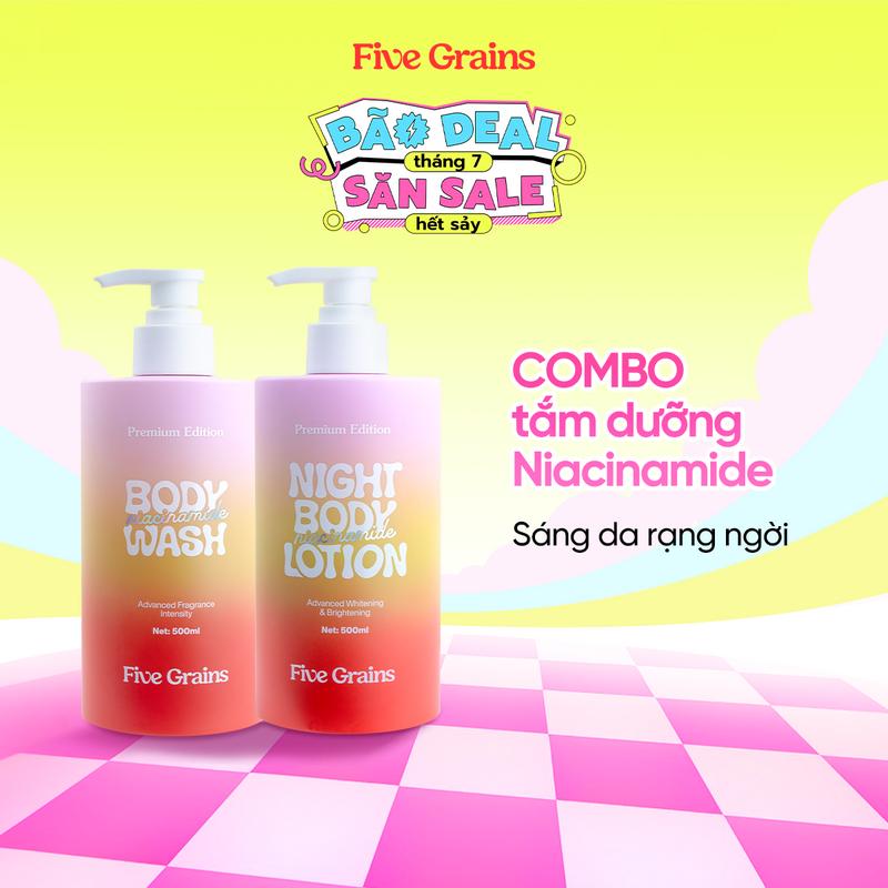 [Deal độc quyền] Combo giúp dưỡng ẩm dưỡng trắng da Sữa tắm, Kem dưỡng body ban đêm Five Grains Niacinamide, Alpha-Arbutin 500ml