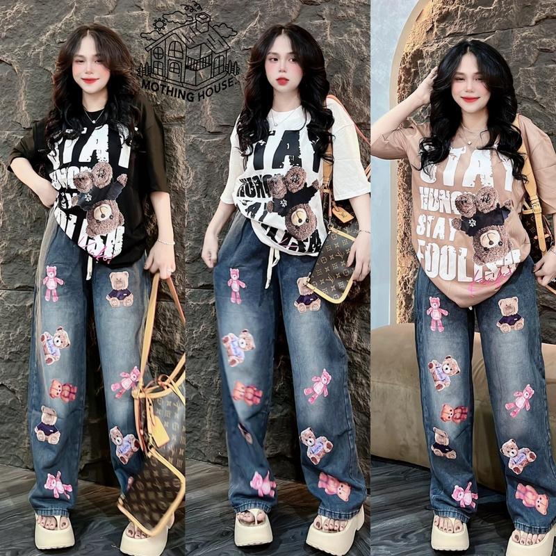 Set quần áo nữ set đồ bộ set đồ ngủ áo cộc tay họa tiết gấu kèm quần vân vân jean chất thun mềm co dãn QA003