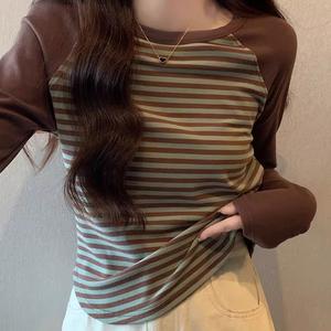 Women's Long Sleeve T-Shirt Fall Winter Melange Color Block Shoulder Striped Fleece Lined Top, Casual Fashion Tee for Daily Wear 7327#