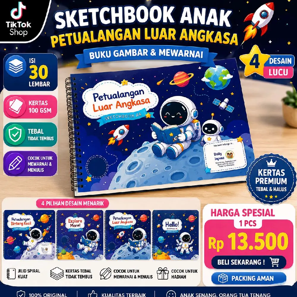 Sketchbook Anak Petualangan Luar Angkasa A4 Isi 30 Lembar Kertas 100 GSM Buku Gambar Spiral Mewarnai Sekolah