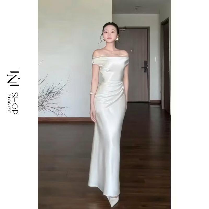  VÁY LỤA NỮ BIGSIZE TRỄ VAI THẮT NƠ XẾP LI EO  TNT SHOP BIGSIZE 60KG 90KG  