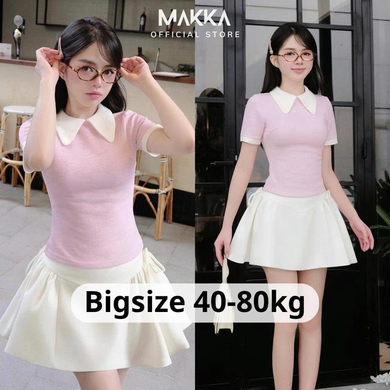 MAKKA Set đồ nữ Bigsize 40-80kg áo thun cổ sen cộc tay mix chân váy xòe đính nơ buộc có quần bảo hộ 1002 thời trang tiểu thư thanh lịch nữ tính phù hợp đi chơi hẹn hò du lịch