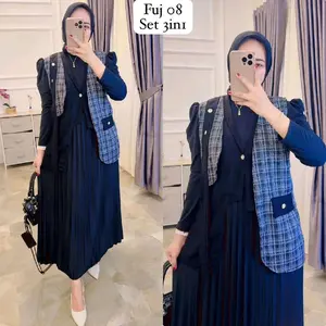 oneset 3in1 vest tweed plisket premium, setelan rok wanita