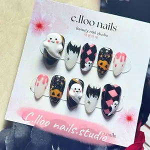 C.lloo Nails Studio - PRESS ON NAILS Desain Karakter Lucu dengan Motif Halloween dan Pola Unik untuk Tampilan Cantik