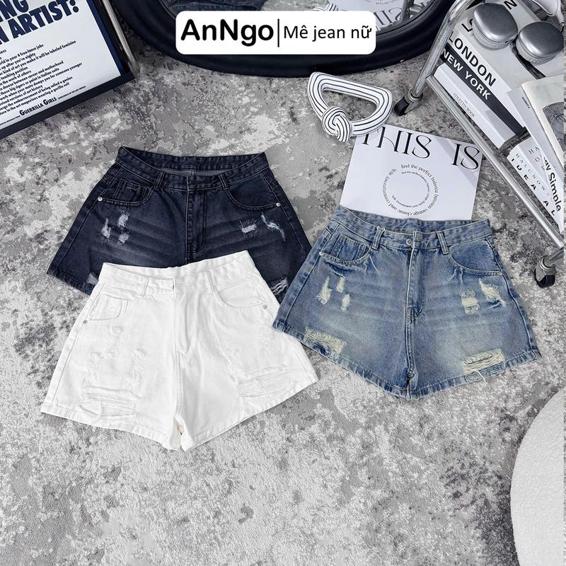   Có big size  Quần short jean nữ lưng cao form ống rộng rách nhẹ cá tính chất vải jean không giãn Anngo - AT550 