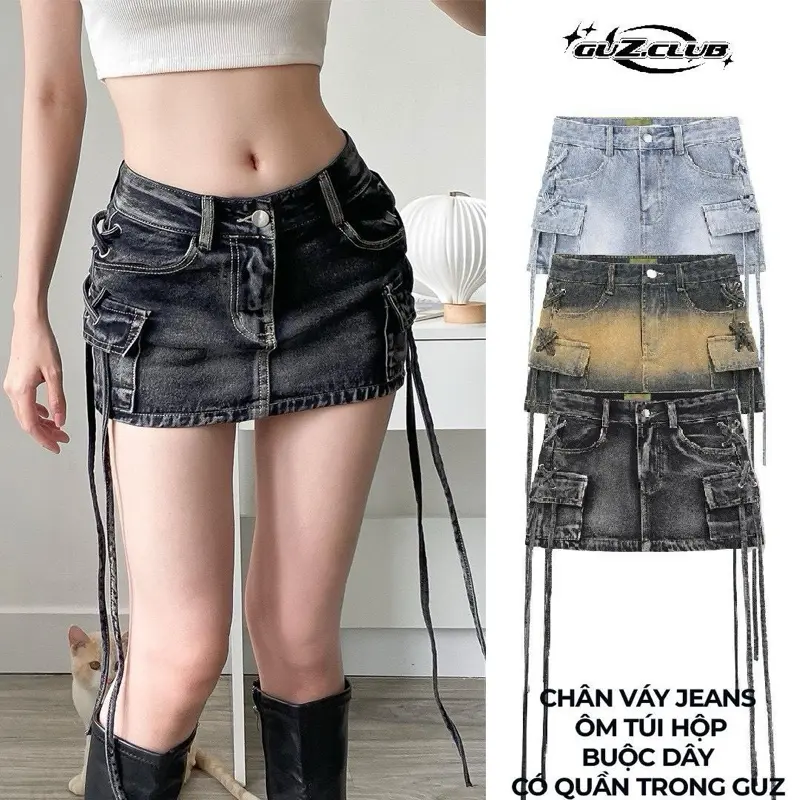 M1 -  Chân Váy Jeans  Ôm Túi Hộp Buộc Dây Có Quần Trong GuZ - Vr4 Nữ Women