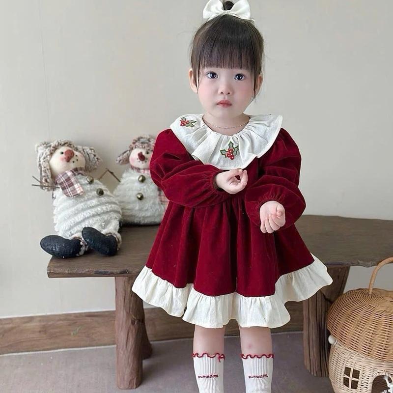 5-18kg - Váy NHUNG ĐỎ dáng cổ sen phối bèo chất mềm ấm cho bé gái mặc noel mặc mùa thu đông XMGY Nhận làm theo yêu cầu