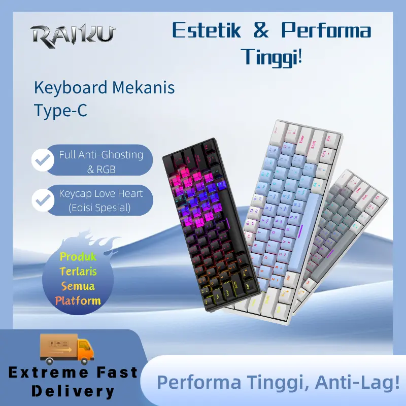 RAIKU 61K Keyboard Mechanical 61 Keys Hot-Swappable Kabel Type-C RGB Dual Tone Keycap Love Putih Hitam
