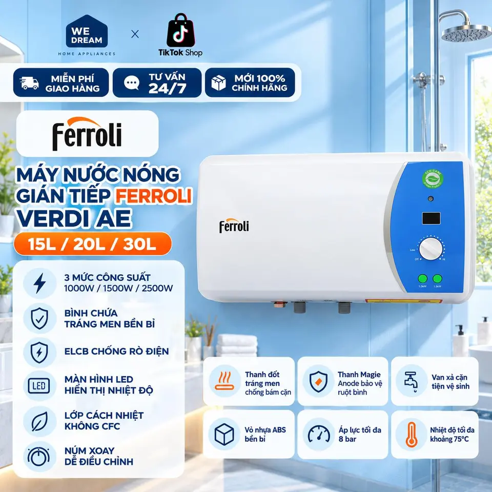 Máy Nước Nóng Gián Tiếp Ferroli Verdi AE 30L 2500W - Chính Hãng, Mới 100%