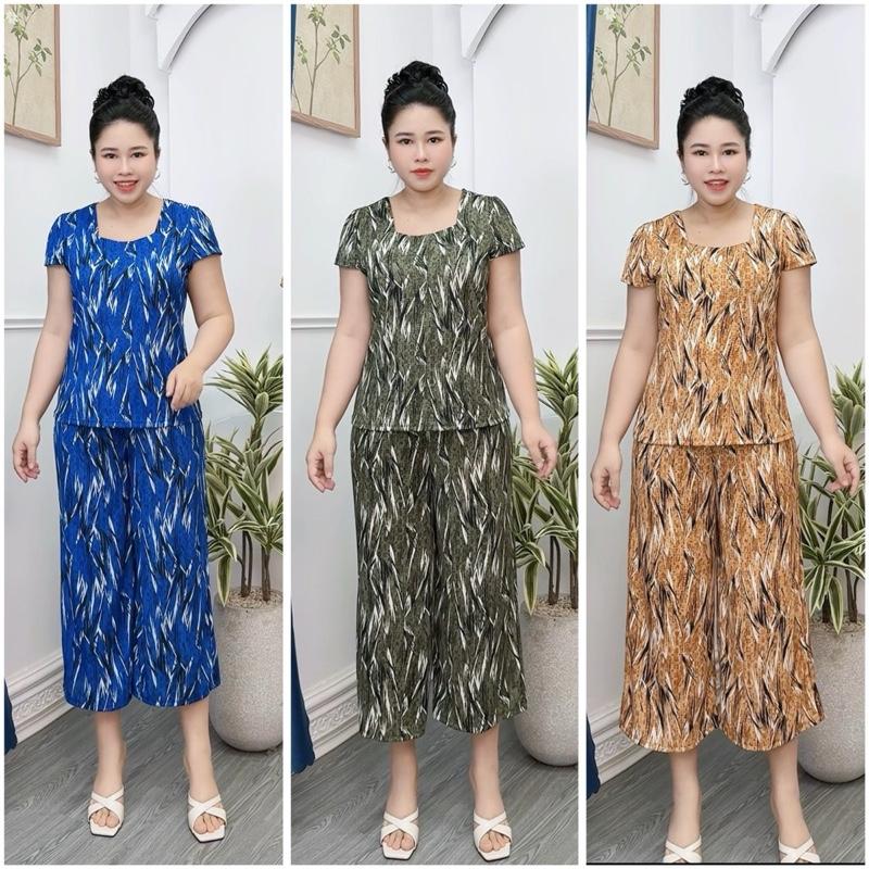 L3 Đồ bộ trung niên set bộ cho mẹ thun tăm thái mềm mát quần ống rộng 9 tấc 50-80kg Nữ Áo Women