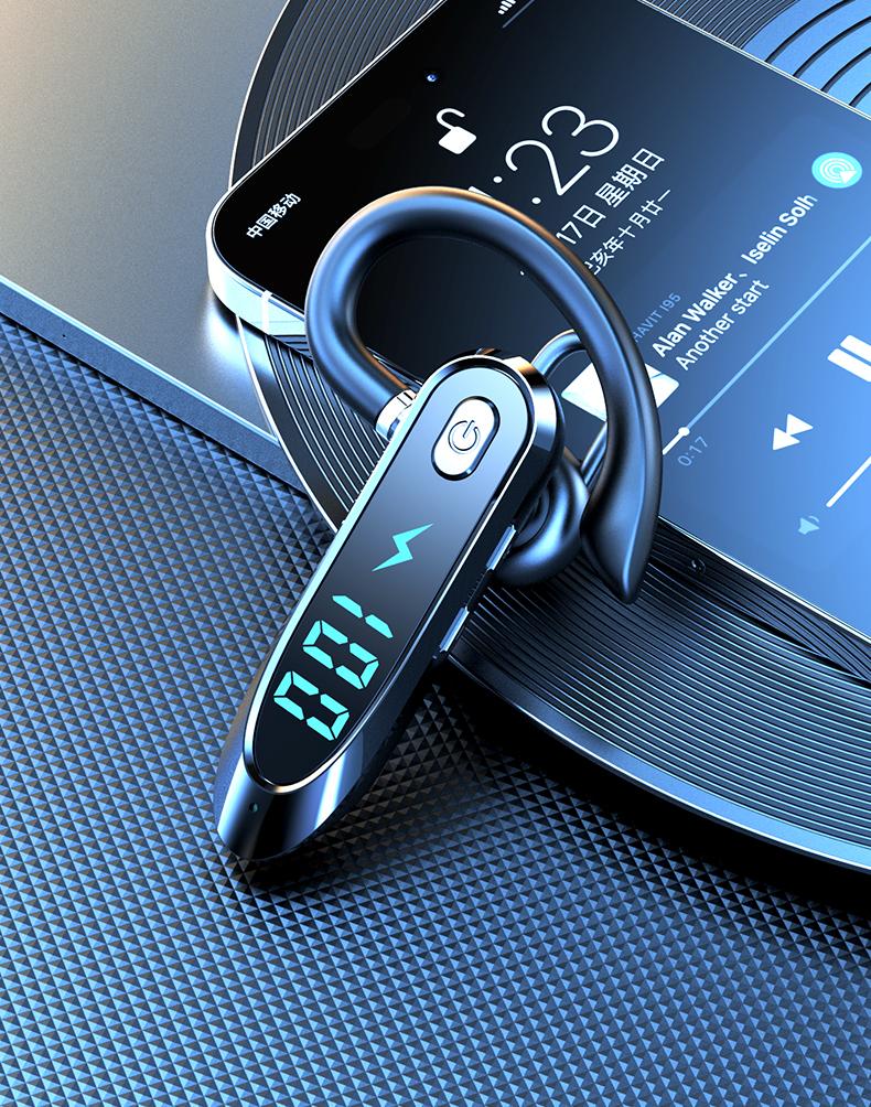 Headset Telinga Tunggal dengan Mikrofon Bluetooth 6.0 Earphone Peredam Kebisingan Speaker Mini Tahan Air Tampilan LED Bebas Genggam Waktu Siaga Panjang