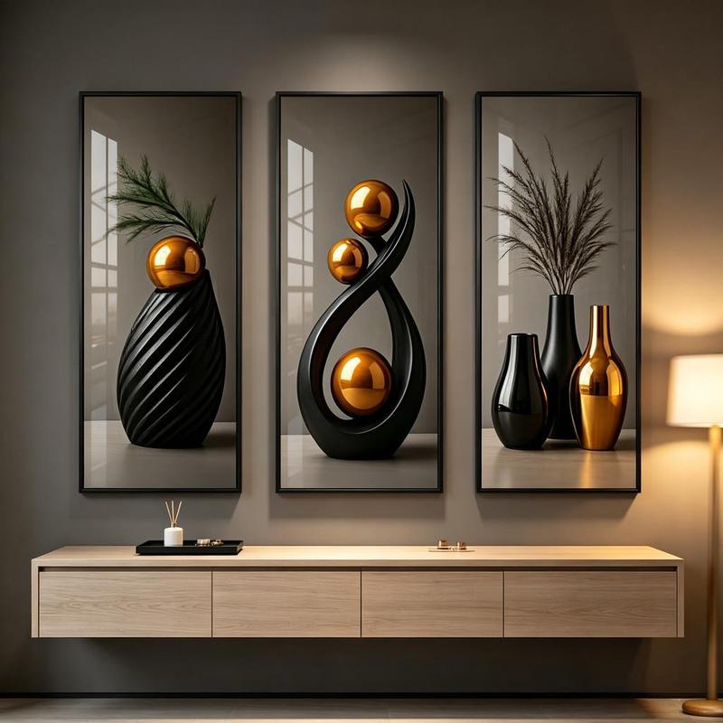 Tiệm Tranh Decor Chill Bộ 3 Tranh Tĩnh Vật Trừu Tượng Đen Vàng Kim Quả Cầu Vàng…