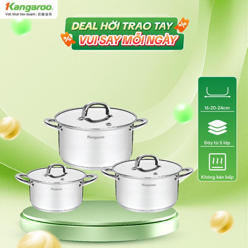 Bộ 3 nồi inox cao cấp Kangaroo KG2IP3S- 3 size 16/20/24Cm, đáy từ 5 lớp,