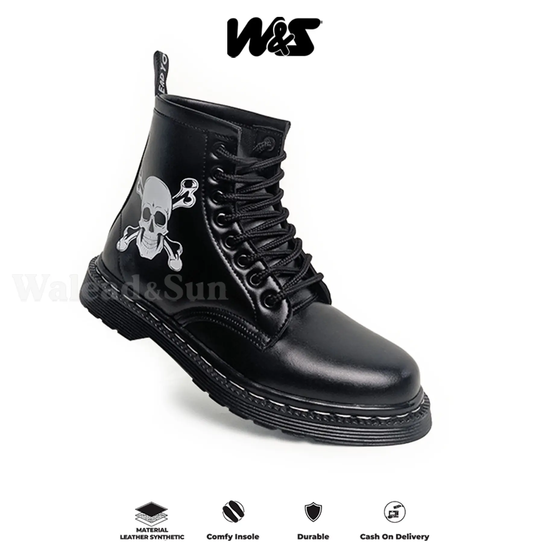 Walead And Sun - Sepatu Pria High Boots Kasual 8 Lubang Warna Hitam Motif Skull