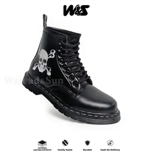 Walead And Sun - Sepatu Pria High Boots Kasual 8 Lubang Warna Hitam Motif Skull
