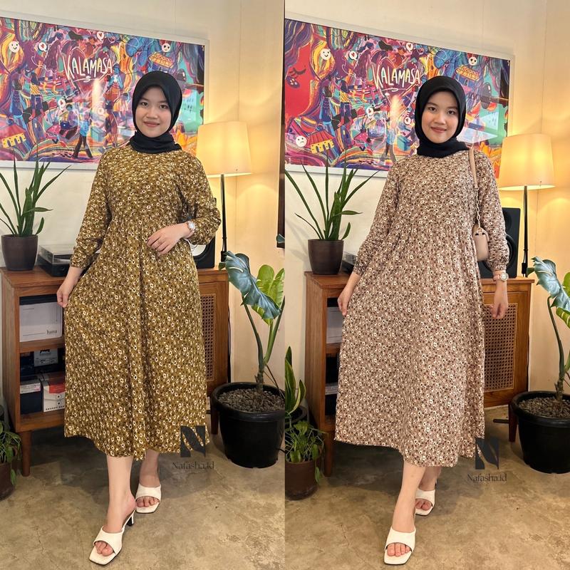 Midi Dress Flowers Busui Frendly Santai Rayon Premium Motif Bunga Cantik Nyaman Menyusui Muslim Baju Gamis Casual Katun Panjang Samping Lembut 0