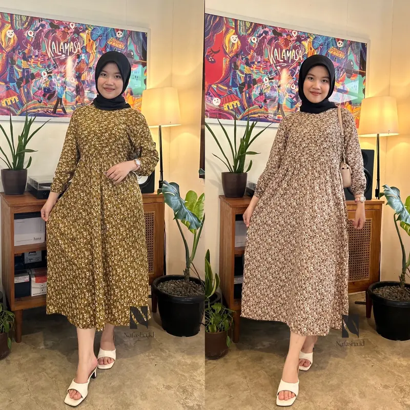 Midi Dress Flowers Busui Frendly Santai Rayon Premium Motif Bunga Cantik Nyaman Menyusui Muslim Baju Gamis Casual Katun Panjang Samping Lembut 0