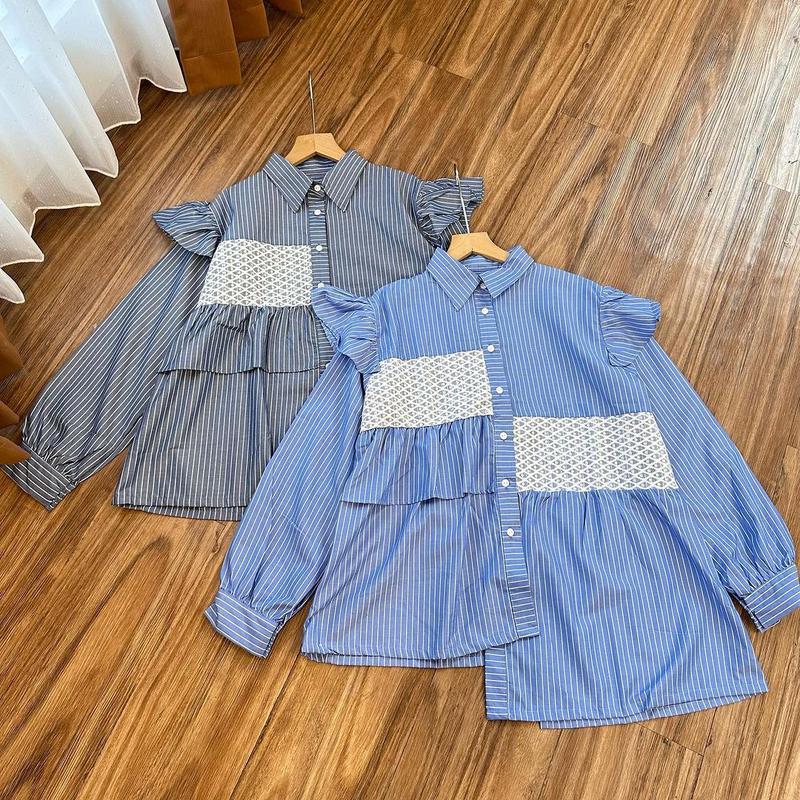 Product Introduction of Kemeja Motif Salur kombi Brukat / Atasan Kemeja Wanita Model Terbari Trendi 2024 / Kemeja Motif Salur Size M L XL Murah Nyaman Katun 2