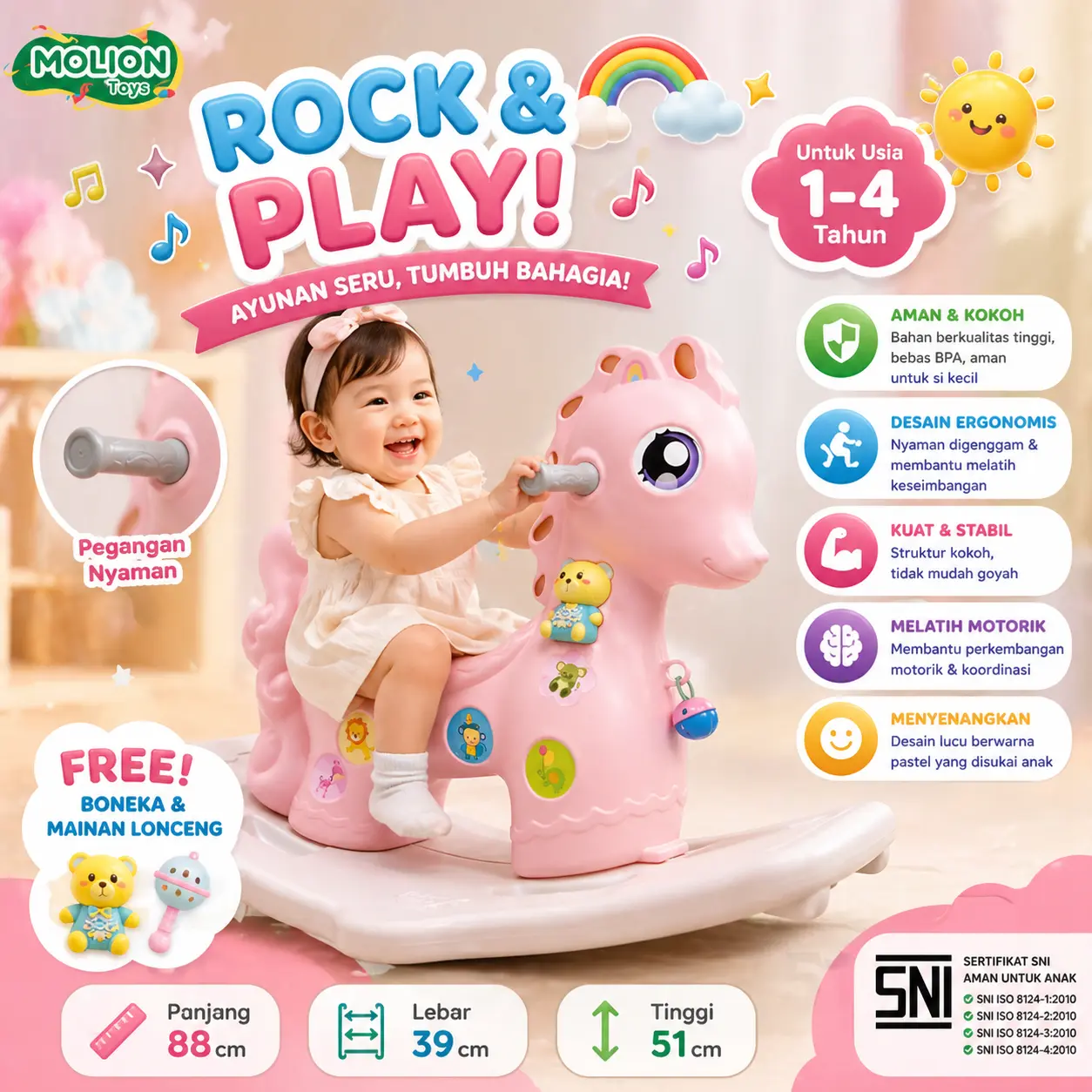 Kuda Kudaan Anak MOLION M1005 – Rocking Horse Musik, Mainan Anak 1–6 Tahun Ergonomis & Aman, Hadiah Anak