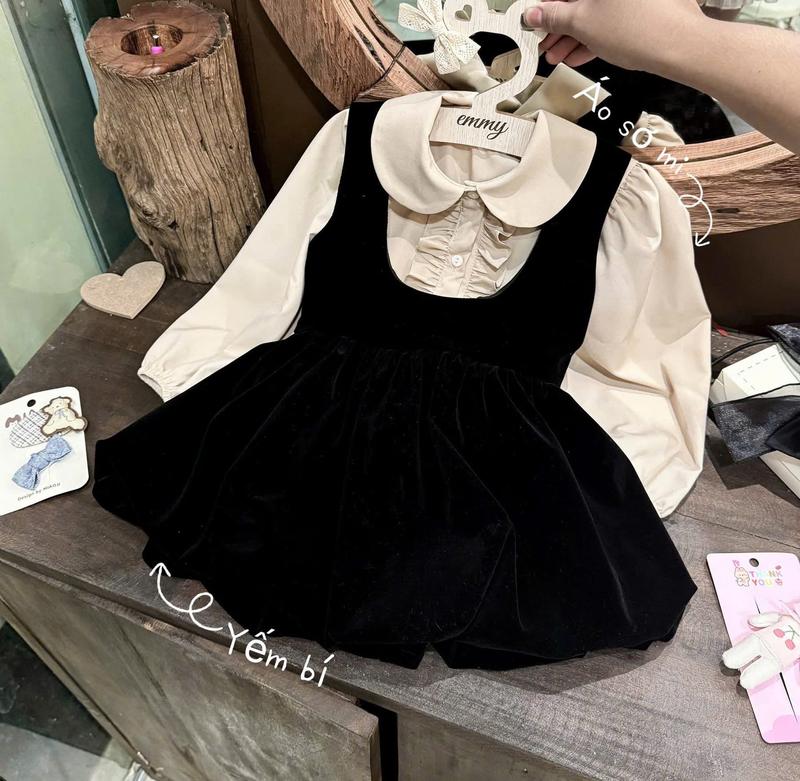   SẴN -PT   Set váy yếm + áo sơ mi tay dài chất nhung sz 5-18kg màu đen cho bé gái nhận làm theo yêu cầu   