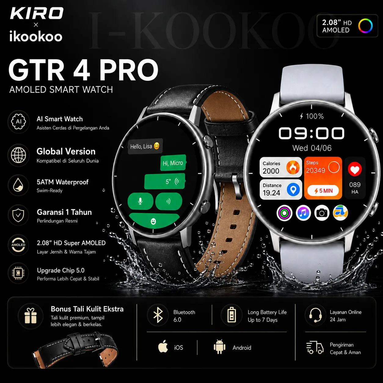 NEW KIRO GTR Pro 4 Smart Watch for Women Men,5ATM Tahan Air AI Smartwatch for iPhone  | WhatsApp Reply | AI Smartwatch | Bluetooth 6.0 Calls| 2.28” OLED Display |