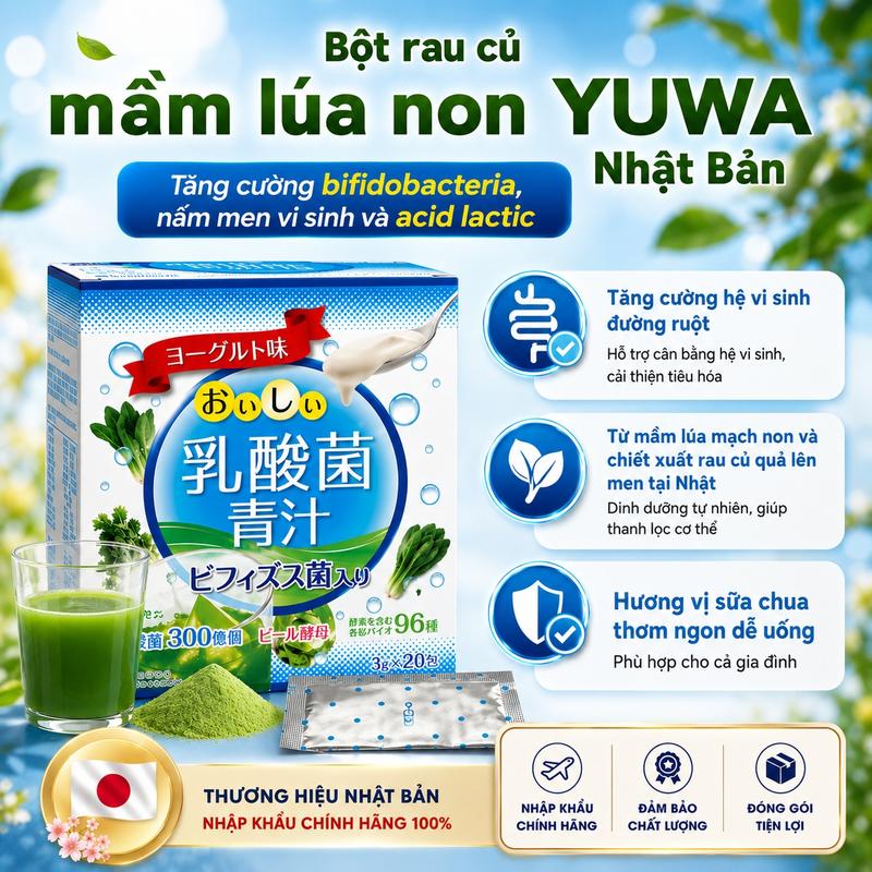 Bột rau củ mầm lúa non YUWA Nhật Bản 20 Gói, bổ sung acid lactic và bifidobacteria vị sữa chua