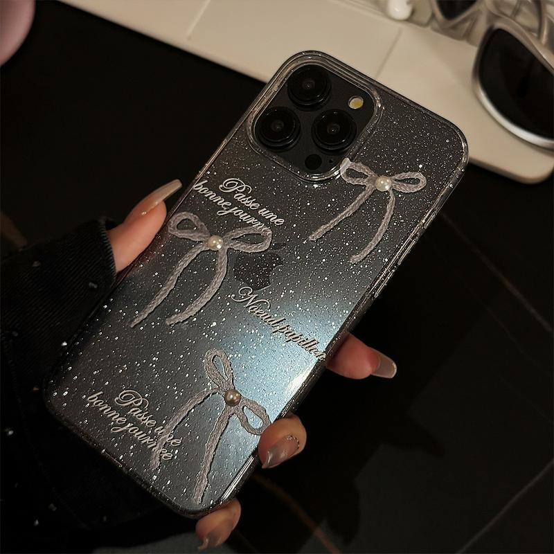 Product Introduction of Sparkly Pearl Bow Glitter Clear Full-Edge Protective Anti-Scratch Phone Case for iPhone 11/12/13/14/15/16 Pro/15 Pro Max Shockproof Anti-Drop Smartphone Case for Women 16
