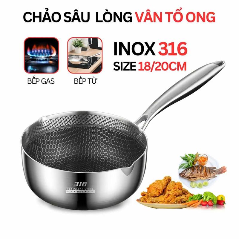 Chảo Chống Dính Sâu Lòng Vân Đá Tổ Ong kícḣ Thước 18cm ,Chất Liệu Inox 316,…