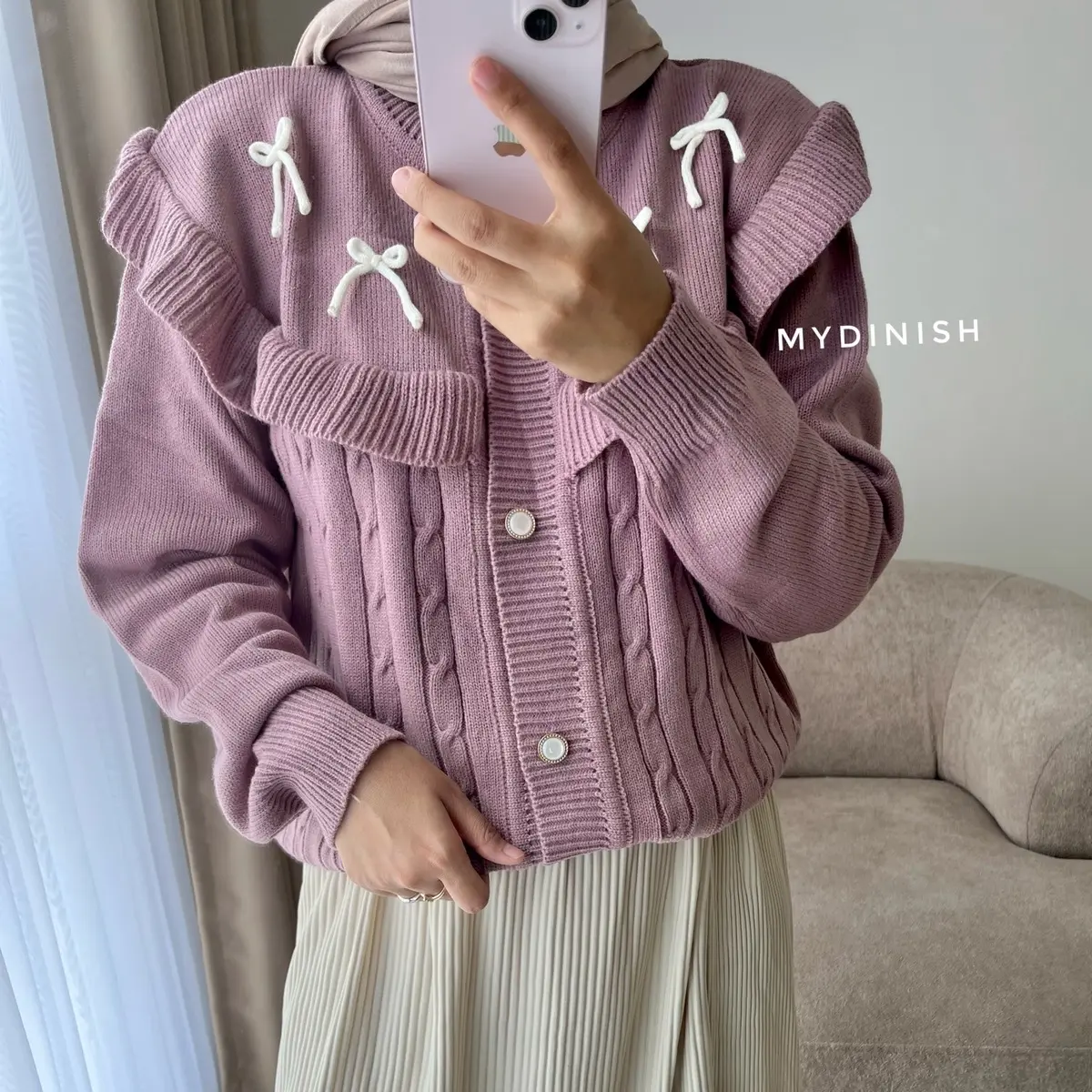 Darika Ruffle Cardy - Atasan Cardigan Motif Ruffle Pita Bahan Rajut