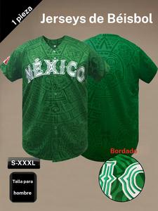 Jersey de béisbol nuevo de México con diseño bordado, manga corta y cuello en V; camisa tipo cárdigan con botones, ideal para deportes y juegos; conjunto de moda callejera estilo hip hop para hombres y mujeres.