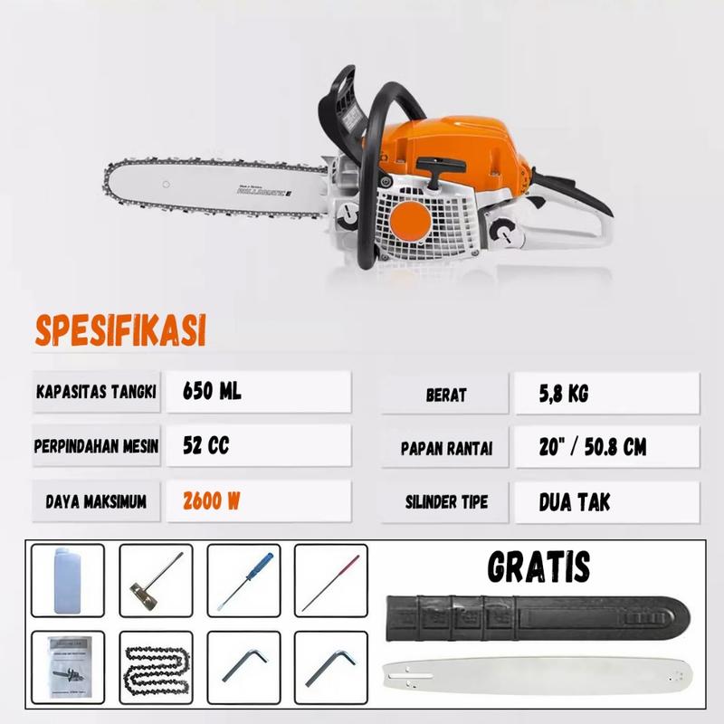 REAIM Daya Tinggi 4500W, 52CC, Gergaji Rantai Bensin, Gergaji Rantai Penebangan Pohon, 20inch Chainsaw, Motor Oli Pengukur, Pompa Tabung, Gergaji Rantai Bensin 52CC, Chainsaw 20 Inci, Gergaji Penebangan Pohon, Pompa Oli Mesin, Chainsaw Daya Tinggi 8