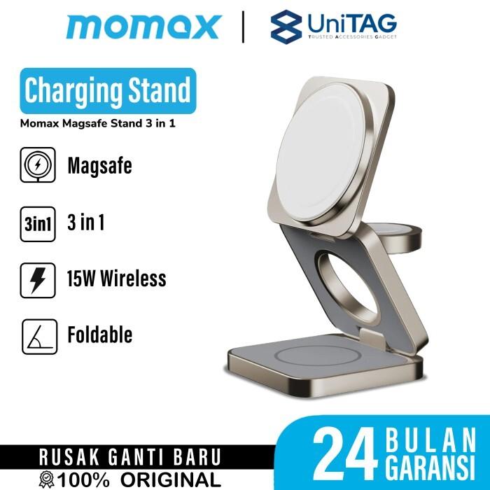 Momax Magsafe Wireless Charger Stand 3 in 1 Q.Port Qi2 1-Charge - Titanium UD36L