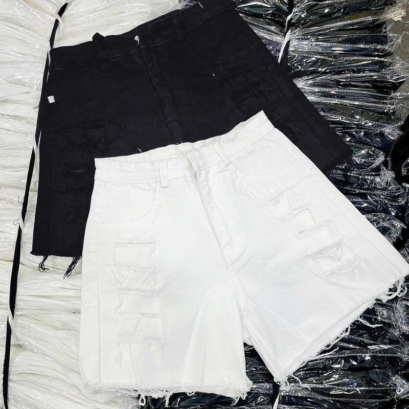 Quần Shorts Nữ Kaki Rách Cào Trước Đùi Lưng Cao Denim Co Giãn ,Phong Cách Hàn Quốc Màu Trắng Màu Đen Kem Pants Jean