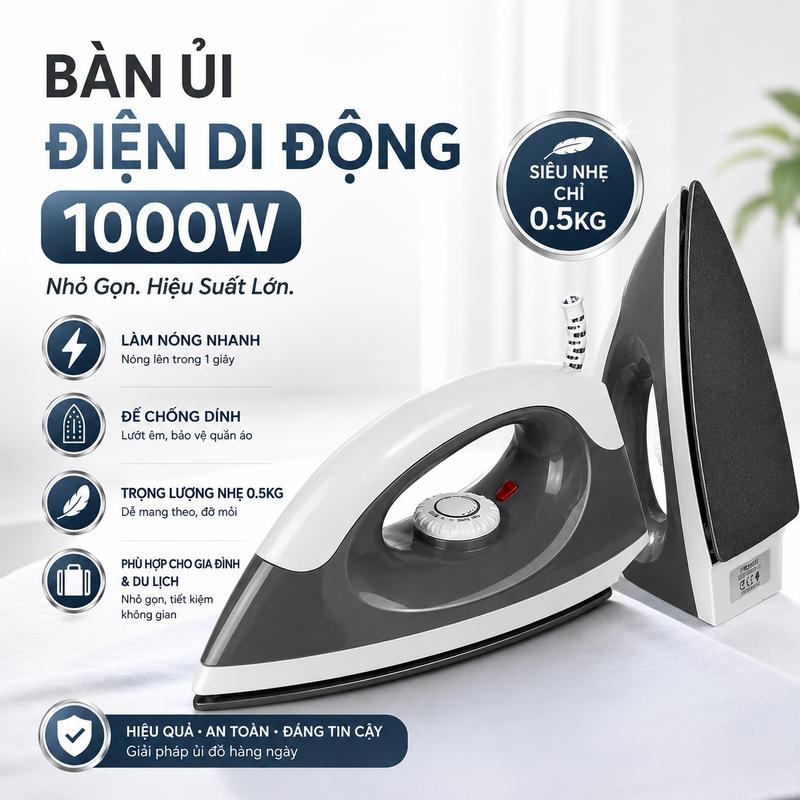 Bình là 1000W, đáy chống dính Teflon, sưởi ấm nhanh chóng, siêu nhẹ 0,5kg, dễ dàng là quần áo