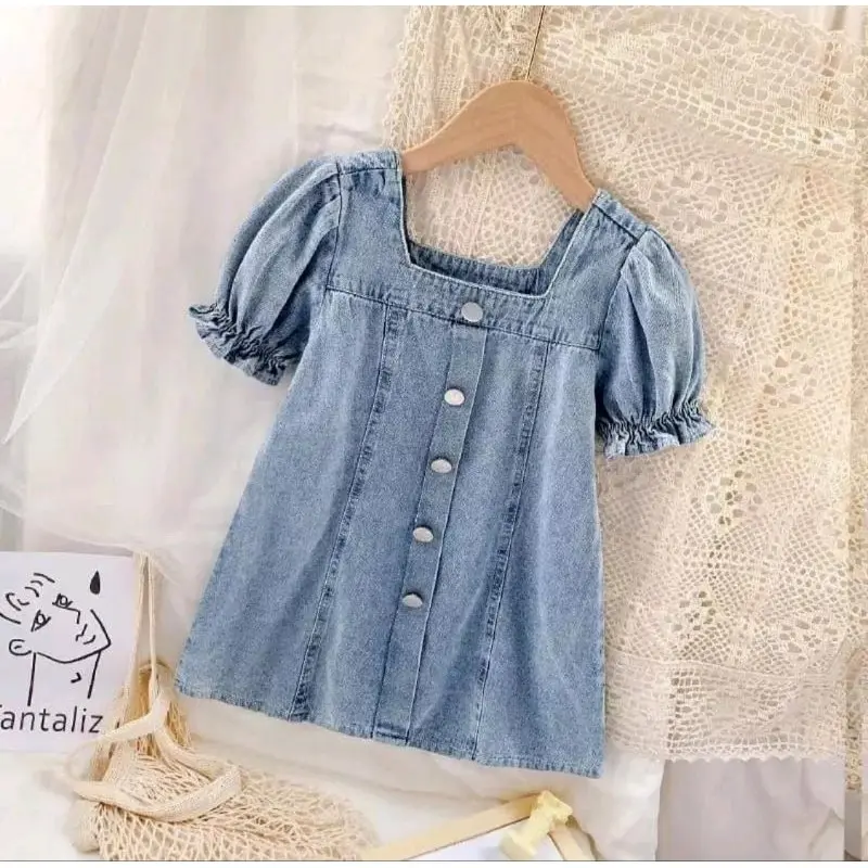 Dress Jeans Anak Terbaru Usia 1 - 7 Tahun Baju Dress Anak Korea Style Blue Kancing 4