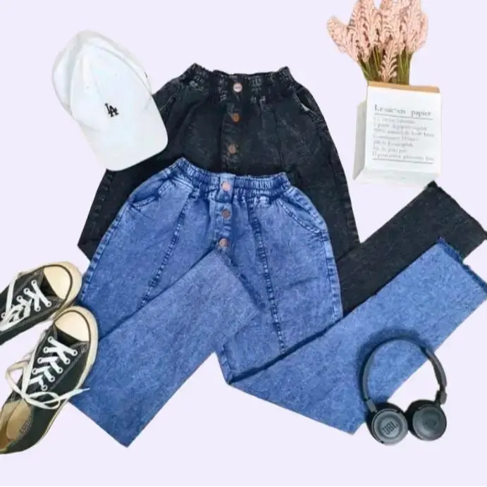Celana Baggy Jeans Kancing 3 Rawis Wanita Cewek Panjang Karet Dewasa - Snow Biru - Crop, Kulot Denim
