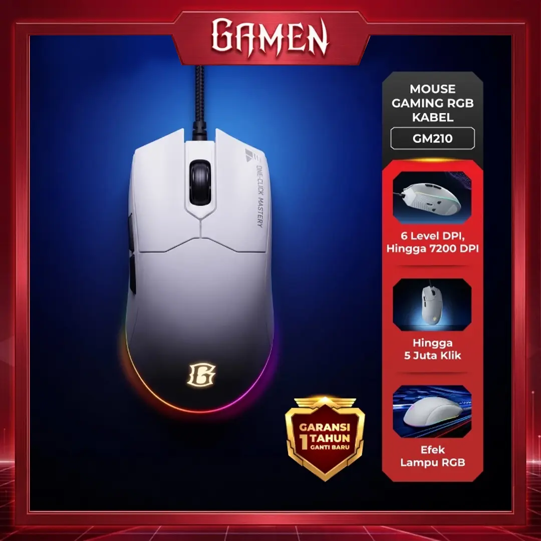 GAMEN GM210 Mouse Gaming Computer  Wired Kabel 7200 DPI 6 Level, RGB For Laptop / PC Original 100% - Garansi 1 Tahun