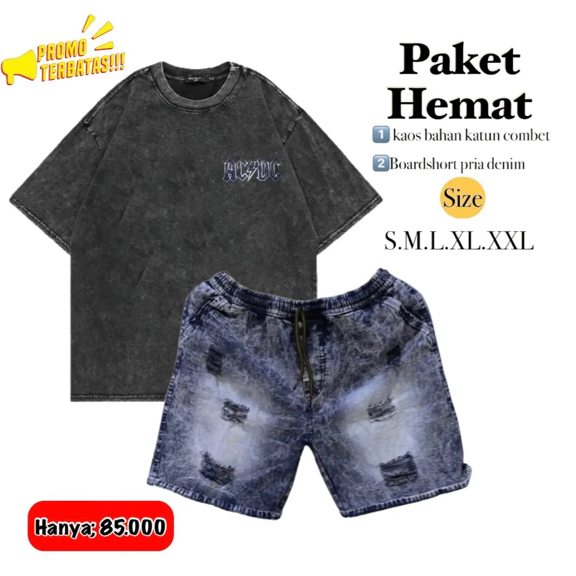 Paket Kaos ACDC Dan Celana Denim Wash / Paket Celana Dan Kaos Pria Dewasa / Celana Pendek Pria Sobek / Kaos Pria Dewasa / Setelan Celana Dan Kaos Pria Dewasa