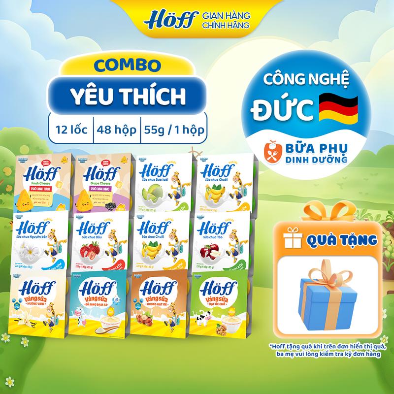 1 Combo YÊU THÍCH Sữa chua Váng sữa Hoff bổ sung: canxi kẽm HMO MFGM vitamin men vi sinh cho bé hỗ trợ phát triển trí não chiều cao hệ miễn dịch 12 lốc 48 hộp x 55g