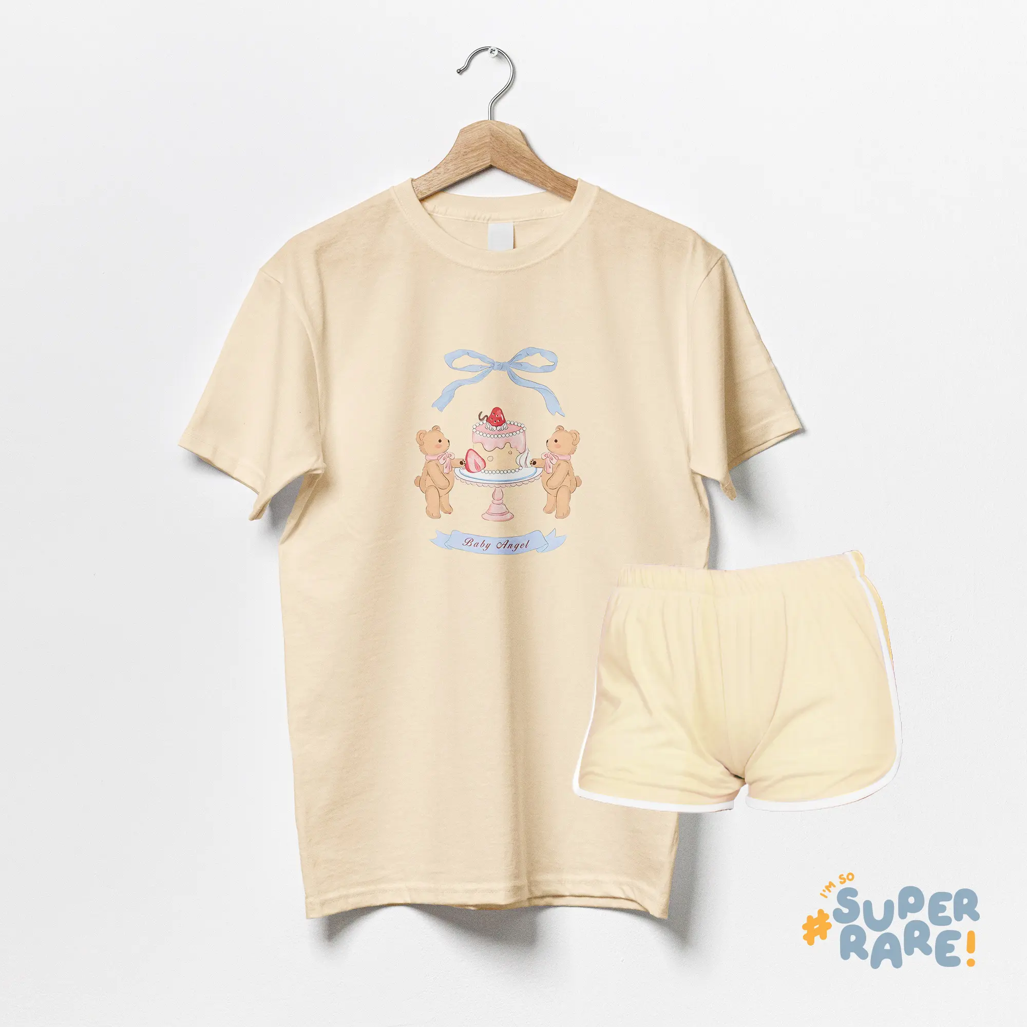 Super Rare - ONE SET BEAR BABY ANGEL - Setelan Baju Piyama Kaos Wanita Lengan Pendek Celana Tidur Katun Cute Coquette Ribbon Pita Girl Korea