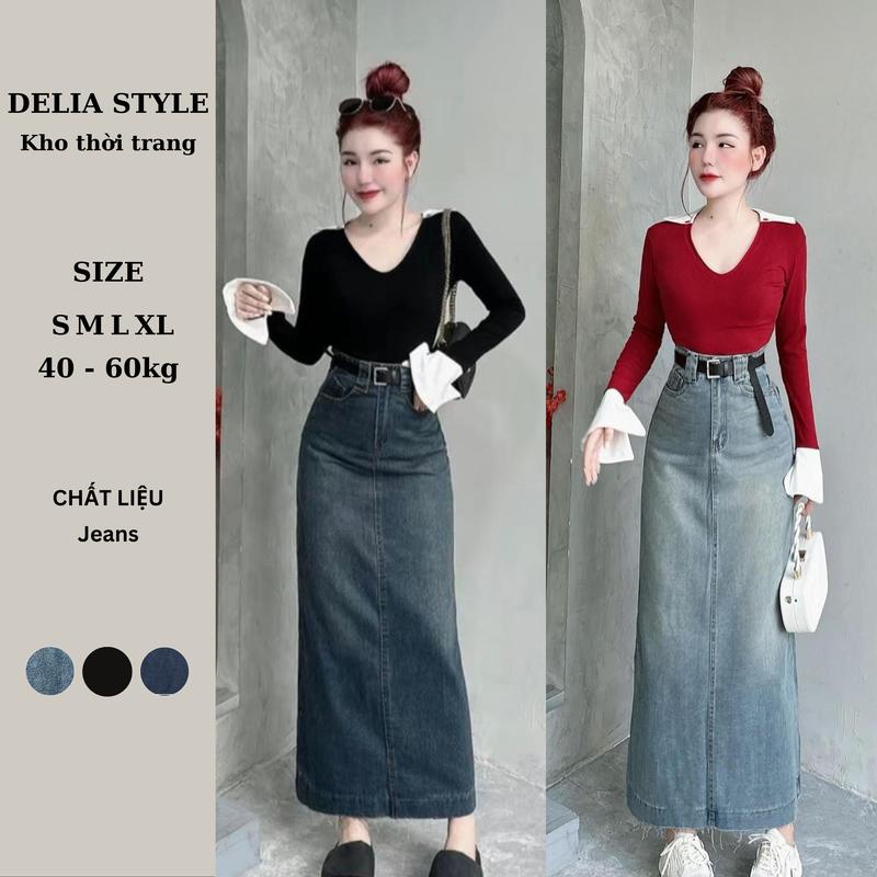 DELIA STYLE - Chân Váy Jeans Dáng Dài 3 Màu Đậm,Nhạt,Khói Tua Rua Xẻ Sau Basic